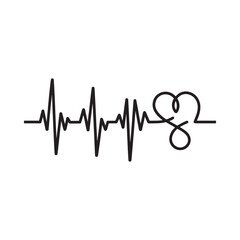 A minimalist black and white line art design of an electrocardiogram signal ending in a stylized heart symbol.