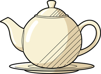 Elegant cream-colored teapot illustration with saucer and simple shading, perfect for cafe branding, kitchen decor, tea artwork, and classic designs