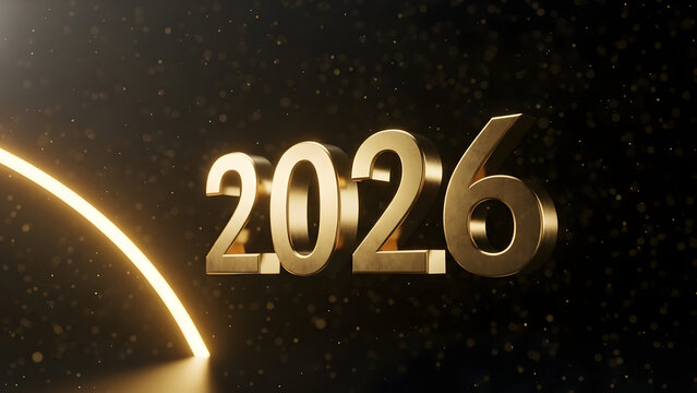 Happy new year 2026 golden text with glowing neon light and sparkling particles background - Powered by Adobe