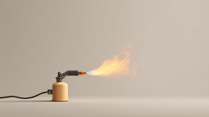 A propane torch flame with a small yellow bottle, burning a yellow flame