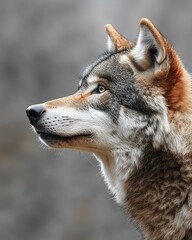 Obraz premium Wolf portrait, side view; detailed fur texture, keen amber eyes, grey background