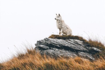 Obraz premium White llama sits atop a rock outcrop in a field of golden grass