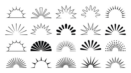 Set of 20 stylized sun icons, sunrise and sunset symbols, various line art and filled designs