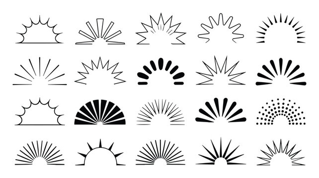 Set of 20 stylized sun icons, sunrise and sunset symbols, various line art and filled designs