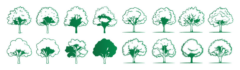 Obraz premium Set of 16 handdrawn green tree icons and silhouettes for landscape design and architecture plans