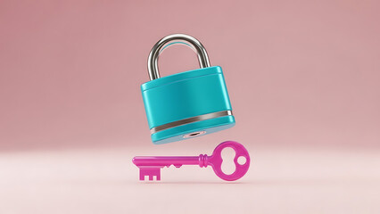 3D Render of Floating Teal Padlock and Pink Key Against Soft Pink Background for Security Concept