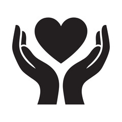 A black and white icon depicting cupped hands cradling a large heart, representing love and care