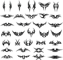 Tribal tattoo ornament set with symmetrical abstract designs, decorative vector shapes, and bold black motifs