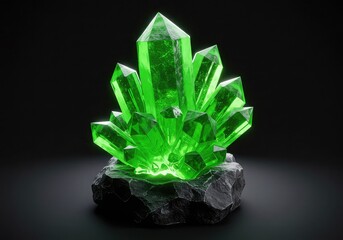 Vibrant green crystal cluster on dark rock formation with pointed sharp faceted crystals on black background with subtle gradient lighting