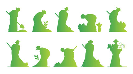 Gardening process steps silhouette set, showing farmer planting and growing plants and crops © NaeemurRahman