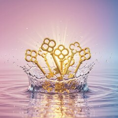 Golden keys with flower shaped handles splashing into colorful water with pink and blue gradient background and sunlight