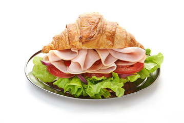 croissant with ham on silver tray isolated on white background