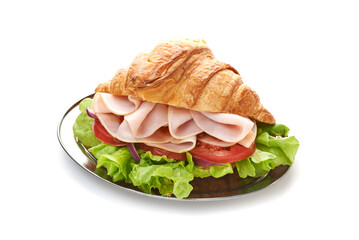 croissant with ham on silver tray isolated on white background