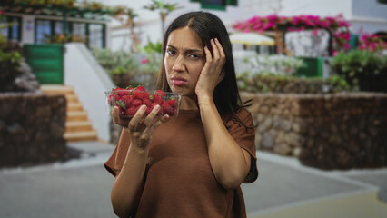 Young hispanic woman holds plastic container of strawberries and raises hand to cheek on a street; quiet contemplation.