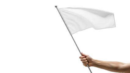 Hand holding white flag on white background