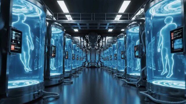 Cinematic Fly-Through of a Futuristic Laboratory with Glowing Humanoid Figures in Stasis Pods