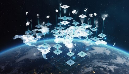Obraz premium Global Network of Floating Data Squares Simulating Worldwide Cloud Connectivity With Digital Satellites Rising From Earth Orbit