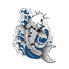 Traditional Japanese Koi Fish and Wavy Water Illustration, Asian Art Style