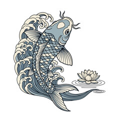 Elegant Koi Fish Illustration in Flowing Waves with Lotus Flower Artwork