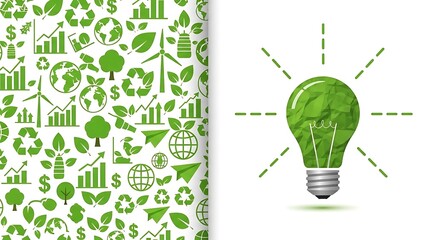 Green energy concept with glowing lightbulb and seamless pattern of eco business growth icons