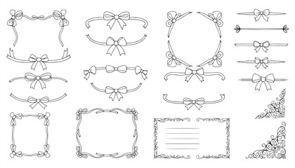 Coquette Bow Ribbon Frames & Dividers – Hand-Drawn Girly Doodle, Corner Borders & Minimalist Decorative Elements | Vector Illustration