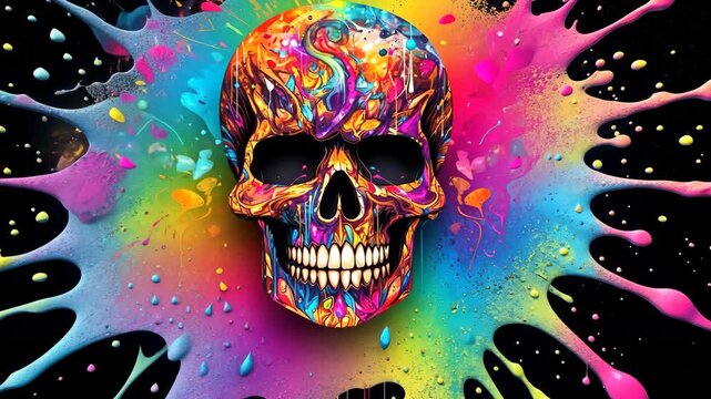 Colorful skull splash art on black background