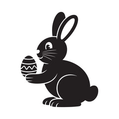 Simple black vector illustration of a happy easter bunny holding a decorative egg