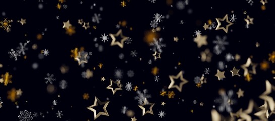 Abstract festive background with falling stars and snowflakes on dark. Perfect for holiday greetings, Christmas © vegefox.com