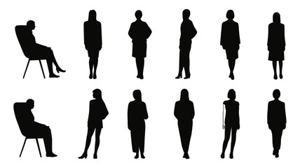 Collection of 12 black silhouette cutouts of people standing and sitting in various poses for architectural visualization