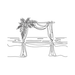 Continuous line art of a wedding arch with floral decoration for a romantic beach ceremony