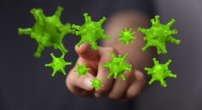 Conceptual image of green coronavirus cells near a hand, touching point. Concept of global health, illness, an - Powered by Adobe