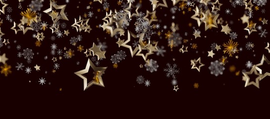 Festive background with sparkling gold stars and snowflakes floating against a dark backdrop. Perfect for holid