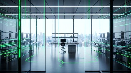 Futuristic Office Interior with Cityscape View and Digital Grid Overlay. - Powered by Adobe