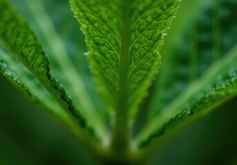 Closeup of vibrant green leaves with serrated edges and visible veins on a blurred background