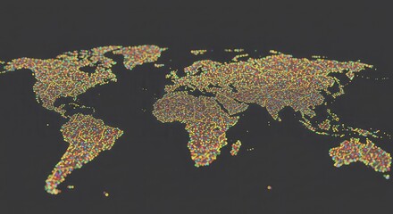 Vibrant multicolored pixelated world map on dark background with colorful dots forming continents and countries in detailed representation