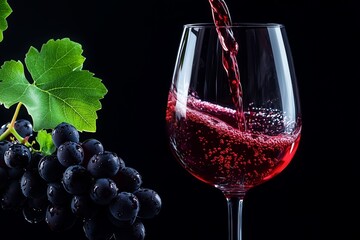 Red wine pouring into elegant glass with fresh grapes and vine leaves on black background.