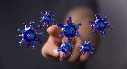 Abstract conceptual image depicting the spread of a virus. Healthcare professional or person touching viruses.