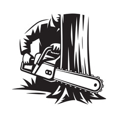 Black and white illustration of a lumberjack using a chainsaw to fell a tree trunk