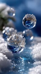 Winter wonderland effect with abstract bokeh orbs suspended in a gradient blue backdrop, evoking the feeling of falling snowflakes on a cold winter day. 