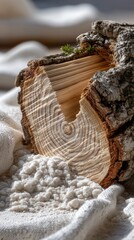 A beautifully detailed cross-section of a birch log reveals its intricate growth rings and clean grain structure, showcasing the natural beauty of this type of wood. 