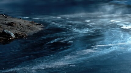 Delicate snowflakes dance across a serene frozen lake under the soft glow of a deep blue twilight sky, creating an abstract pattern of natural beauty. 