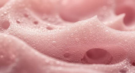 Closeup of pink soap bubbles with water droplets on surface in soft natural light