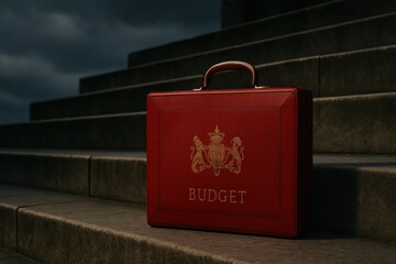 A visually striking red briefcase embossed with the word 'BUDGET', positioned prominently on stone steps under a dramatic cloudy sky, evoking themes of finance and decision-making.