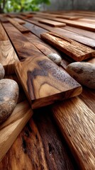 A beautiful arrangement of smooth walnut planks creates a striking visual display in this flat lay design, adding warmth and texture to any home office 