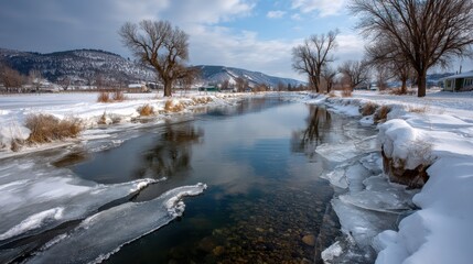A serene winter scene captures a gentle snow shower over a frozen river, surrounded by distant snowy hills and bare trees, evoking a peaceful atmosphere 