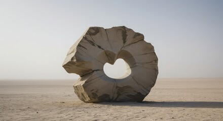 Large weathered stone sculpture with circular hole standing alone on sandy desert landscape under hazy blue sky with bright sunlight