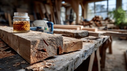 In a bustling carpenter's workshop, a stack of rough pine boards sits on the workbench, surrounded by wooden tools and other woodworking essentials. 