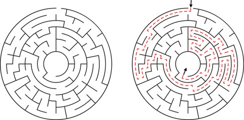 Circular maze with solution path shown in red dashed lines and directional arrows