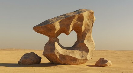 Large unique heart shaped hole rock formation in desert landscape with sand and clear sky