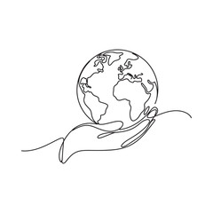 A continuous line art illustration of a hand holding the planet earth, symbolizing care and responsibility